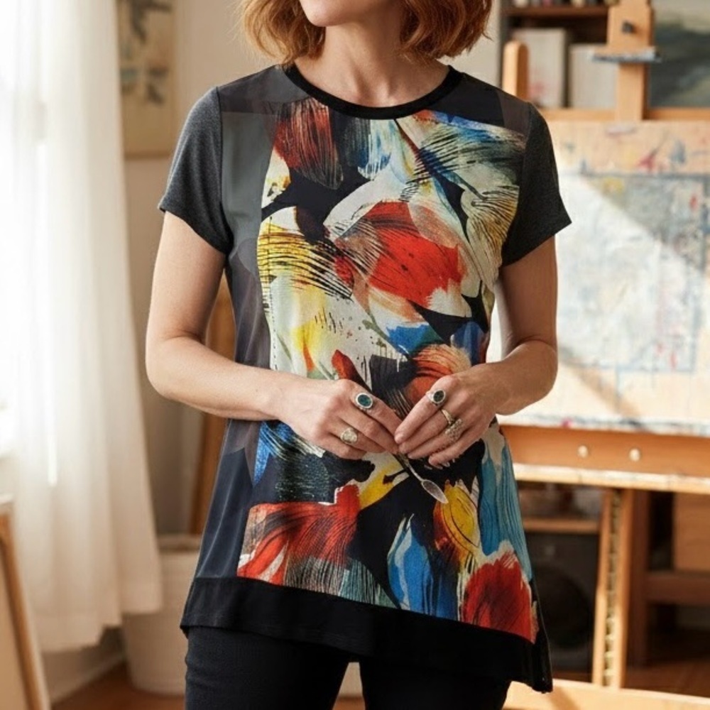 EDISTA Abstract Art Print Tunic Top Avant Garde Contemporary Asymmetrical Y2K